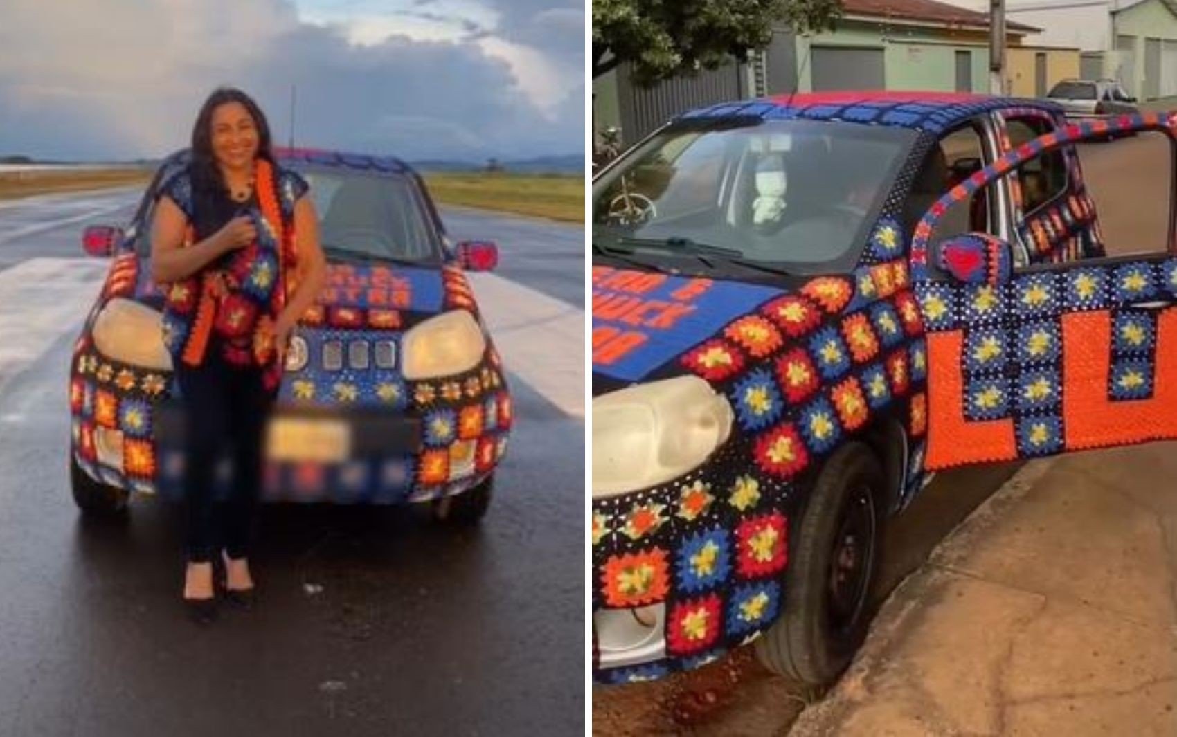 700 quadrinhos, 25 quilos de linha e 150 dias de trabalho: veja detalhes do carro coberto de crochê por artesã, em Goiás