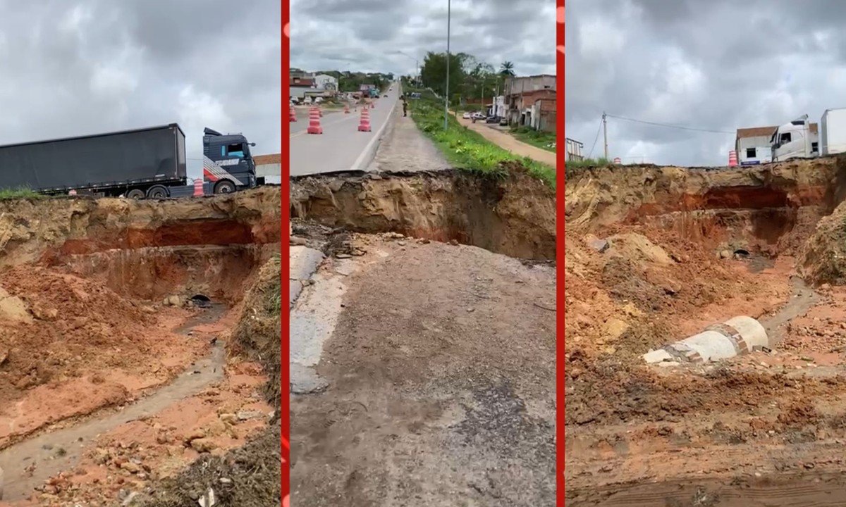 Cratera se abre na BR-116 (BA) após chuvas, causando desvio e lentidão